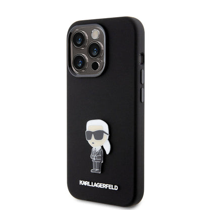Apple iPhone 15 Pro Max Kılıf Karl Lagerfeld Silikon İkonik Metal Logo Orjinal Lisanslı Kapak Siyah