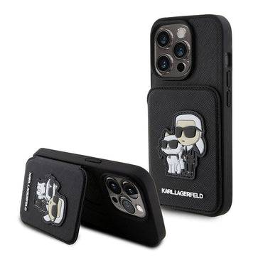Apple iPhone 15 Pro Max Kılıf Karl Lagerfeld Standlı Kartlıklı Saffiano K&C Metal Logo Orjinal Lisanslı Kapak Siyah