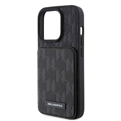 Apple iPhone 15 Pro Max Kılıf Karl Lagerfeld Standlı Kartlıklı Saffiano Monogram Metal Logo Orjinal Lisanslı Kapak Siyah