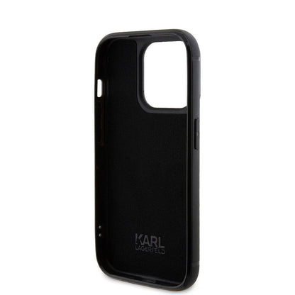 Apple iPhone 15 Pro Max Kılıf Karl Lagerfeld Taşlı Metal Logo Orjinal Lisanslı Kapak Siyah