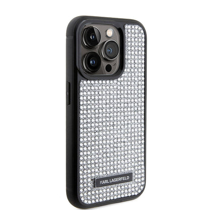 Apple iPhone 15 Pro Max Kılıf Karl Lagerfeld Taşlı Metal Logo Orjinal Lisanslı Kapak Gümüş