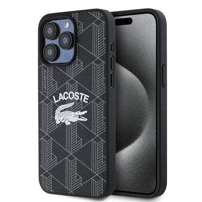 Apple iPhone 15 Pro Max Kılıf Lacoste Orjinal Lisanslı M-safe Şarj Özellikli Mono Vintage Logo Kapak Siyah
