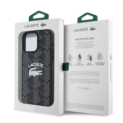 Apple iPhone 15 Pro Max Kılıf Lacoste Orjinal Lisanslı M-safe Şarj Özellikli Mono Vintage Logo Kapak Siyah