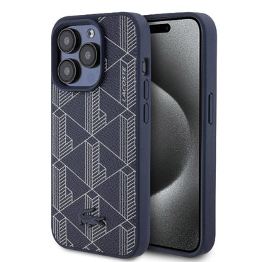 Apple iPhone 15 Pro Max Kılıf Lacoste Orjinal Lisanslı M-safe Şarj Özellikli PU Deri Görünümlü Karışık Monogram Desenli Kapak Siyah
