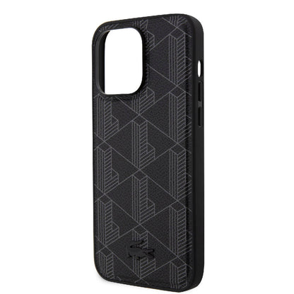 Apple iPhone 15 Pro Max Kılıf Lacoste Orjinal Lisanslı M-safe Şarj Özellikli PU Deri Görünümlü Karışık Monogram Desenli Kapak Siyah