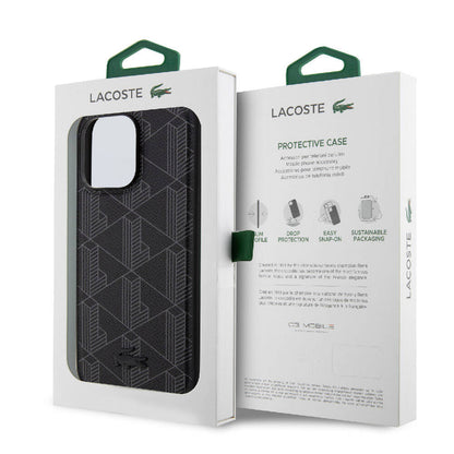 Apple iPhone 15 Pro Max Kılıf Lacoste Orjinal Lisanslı M-safe Şarj Özellikli PU Deri Görünümlü Karışık Monogram Desenli Kapak Siyah