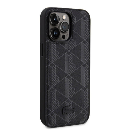 Apple iPhone 15 Pro Max Kılıf Lacoste Orjinal Lisanslı M-safe Şarj Özellikli PU Deri Görünümlü Karışık Monogram Desenli Kapak Siyah