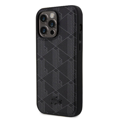 Apple iPhone 15 Pro Max Kılıf Lacoste Orjinal Lisanslı M-safe Şarj Özellikli PU Deri Görünümlü Karışık Monogram Desenli Kapak Lacivert