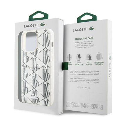 Apple iPhone 15 Pro Max Kılıf Lacoste Orjinal Lisanslı M-safe Şarj Özellikli PU Deri Görünümlü Kartlıklı Karışık Monogram Desenli Kapak Beyaz