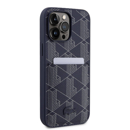 Apple iPhone 15 Pro Max Kılıf Lacoste Orjinal Lisanslı M-safe Şarj Özellikli PU Deri Görünümlü Kartlıklı Karışık Monogram Desenli Kapak Siyah