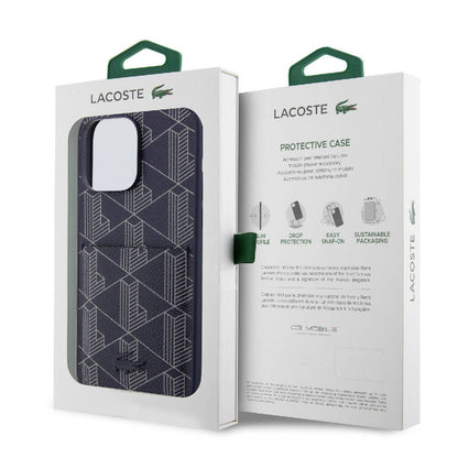 Apple iPhone 15 Pro Max Kılıf Lacoste Orjinal Lisanslı M-safe Şarj Özellikli PU Deri Görünümlü Kartlıklı Karışık Monogram Desenli Kapak Beyaz