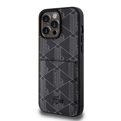 Apple iPhone 15 Pro Max Kılıf Lacoste Orjinal Lisanslı M-safe Şarj Özellikli PU Deri Görünümlü Kartlıklı Karışık Monogram Desenli Kapak Siyah
