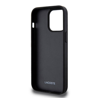 Apple iPhone 15 Pro Max Kılıf Lacoste Orjinal Lisanslı M-safe Şarj Özellikli PU Deri Görünümlü Kartlıklı Karışık Monogram Desenli Kapak Siyah