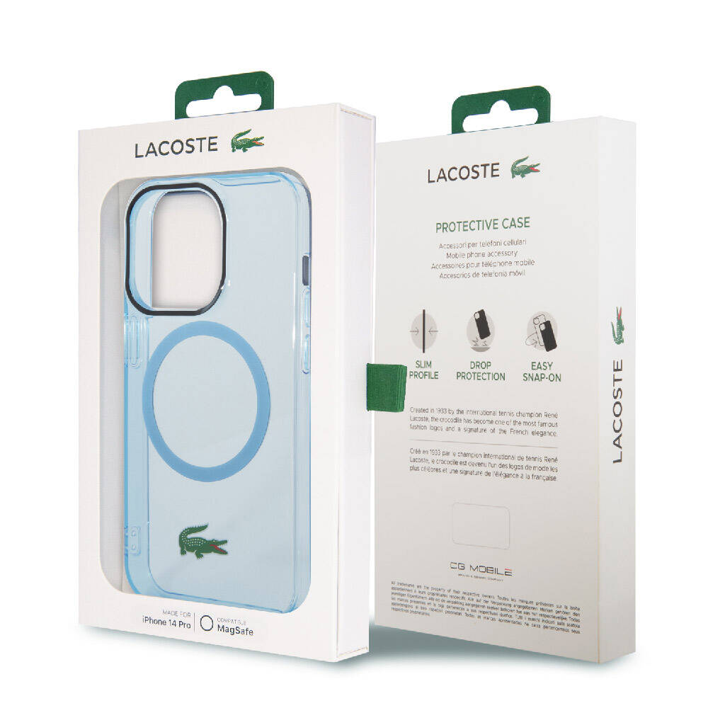 Apple iPhone 15 Pro Max Kılıf Lacoste Orjinal Lisanslı M-safe Şarj Özellikli Transparan Timsah Logo Baskılı Kapak Mavi Açık