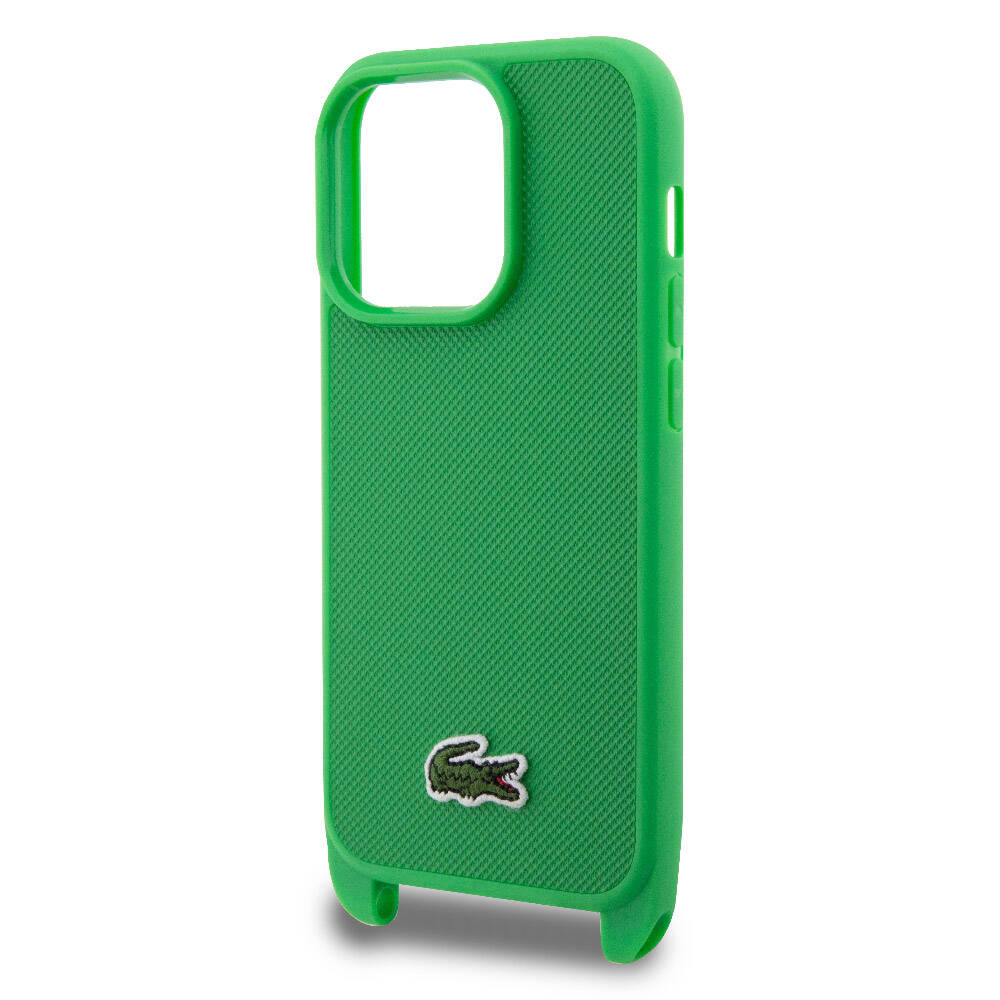 Apple iPhone 15 Pro Max Kılıf Lacoste Orjinal Lisanslı PU Pike Desenli Arka Yüzey Askılı İkonik Timsah Dokuma Logolu Kapak Lacivert