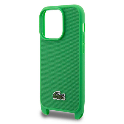 Apple iPhone 15 Pro Max Kılıf Lacoste Orjinal Lisanslı PU Pike Desenli Arka Yüzey Askılı İkonik Timsah Dokuma Logolu Kapak Lacivert