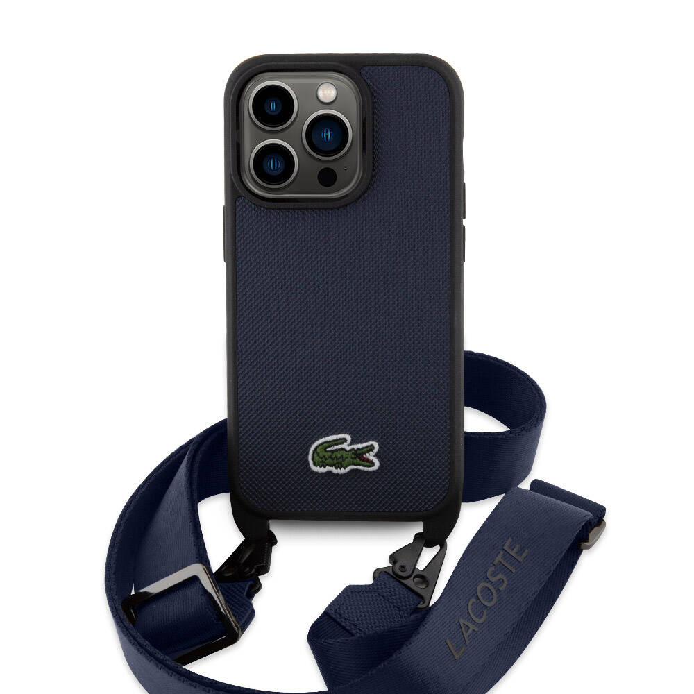 Apple iPhone 15 Pro Max Kılıf Lacoste Orjinal Lisanslı PU Pike Desenli Arka Yüzey Askılı İkonik Timsah Dokuma Logolu Kapak Lacivert