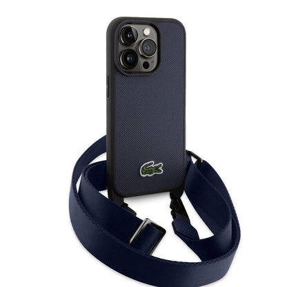 Apple iPhone 15 Pro Max Kılıf Lacoste Orjinal Lisanslı PU Pike Desenli Arka Yüzey Askılı İkonik Timsah Dokuma Logolu Kapak Lacivert