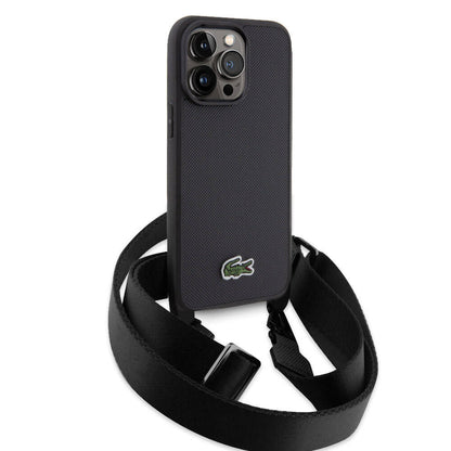 Apple iPhone 15 Pro Max Kılıf Lacoste Orjinal Lisanslı PU Pike Desenli Arka Yüzey Askılı İkonik Timsah Dokuma Logolu Kapak Lacivert