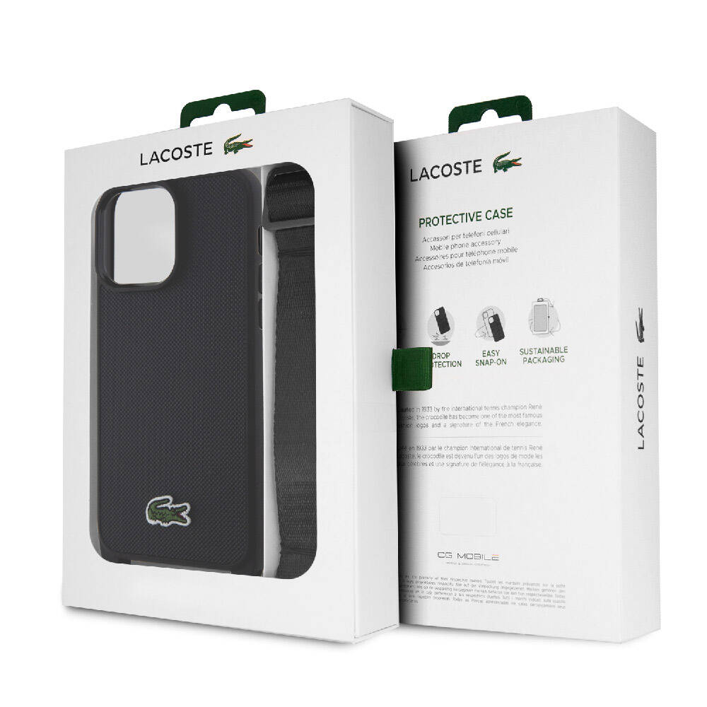 Apple iPhone 15 Pro Max Kılıf Lacoste Orjinal Lisanslı PU Pike Desenli Arka Yüzey Askılı İkonik Timsah Dokuma Logolu Kapak Lacivert