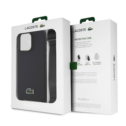 Apple iPhone 15 Pro Max Kılıf Lacoste Orjinal Lisanslı PU Pike Desenli Arka Yüzey Askılı İkonik Timsah Dokuma Logolu Kapak Lacivert