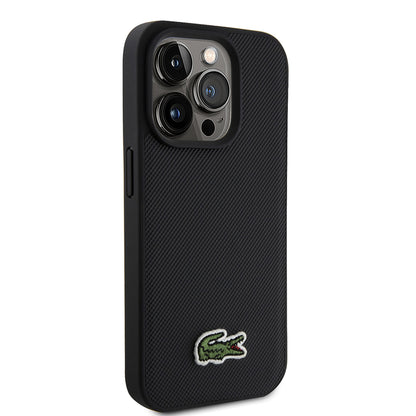 Apple iPhone 15 Pro Max Kılıf Lacoste Orjinal Lisanslı PU Pike Desenli Arka Yüzey İkonik Timsah Dokuma Logolu Kapak + Type-C Kablo 1.5m Siyah