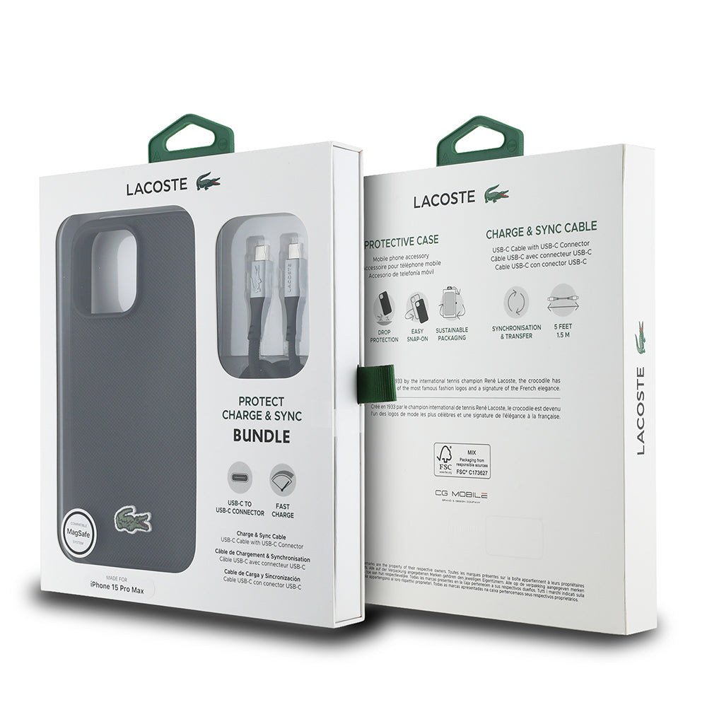 Apple iPhone 15 Pro Max Kılıf Lacoste Orjinal Lisanslı PU Pike Desenli Arka Yüzey İkonik Timsah Dokuma Logolu Kapak + Type-C Kablo 1.5m Siyah