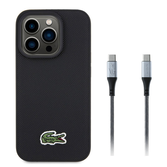 Apple iPhone 15 Pro Max Kılıf Lacoste Orjinal Lisanslı PU Pike Desenli Arka Yüzey İkonik Timsah Dokuma Logolu Kapak + Type-C Kablo 1.5m Siyah