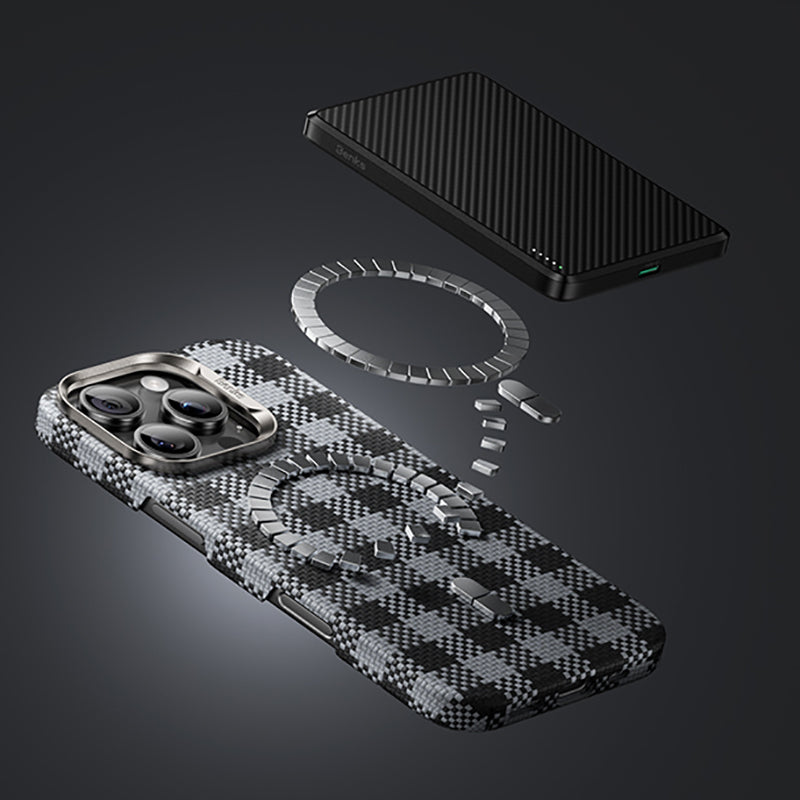Apple iPhone 15 Pro Max Kılıf M-safe Şarj Özellikli Ekose Tasarımlı Benks ArmorVichy Kevlar Kapak Siyah
