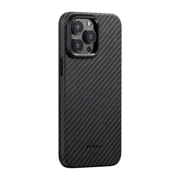 Apple iPhone 15 Pro Max Kılıf M-safe Şarj Özellikli 1500D Aramid Fiber Pitaka Military-Grade Classic Serisi Black-Grey Twill Kapak Siyah-Mavi