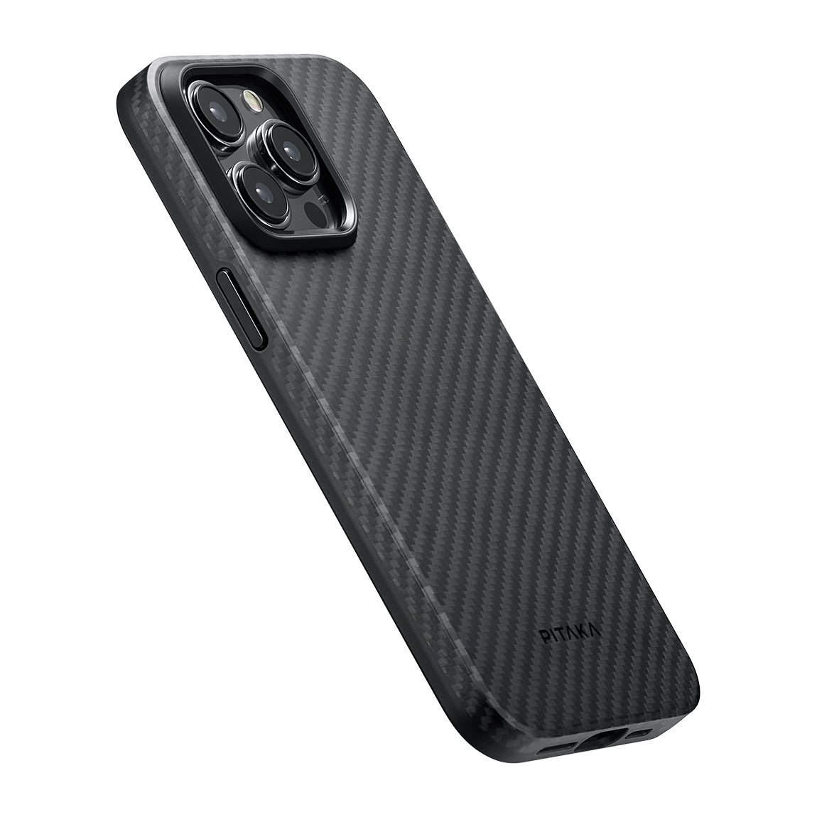Apple iPhone 15 Pro Max Kılıf M-safe Şarj Özellikli 1500D Aramid Fiber Pitaka Military-Grade Classic Serisi Black-Grey Twill Kapak Siyah-Mavi