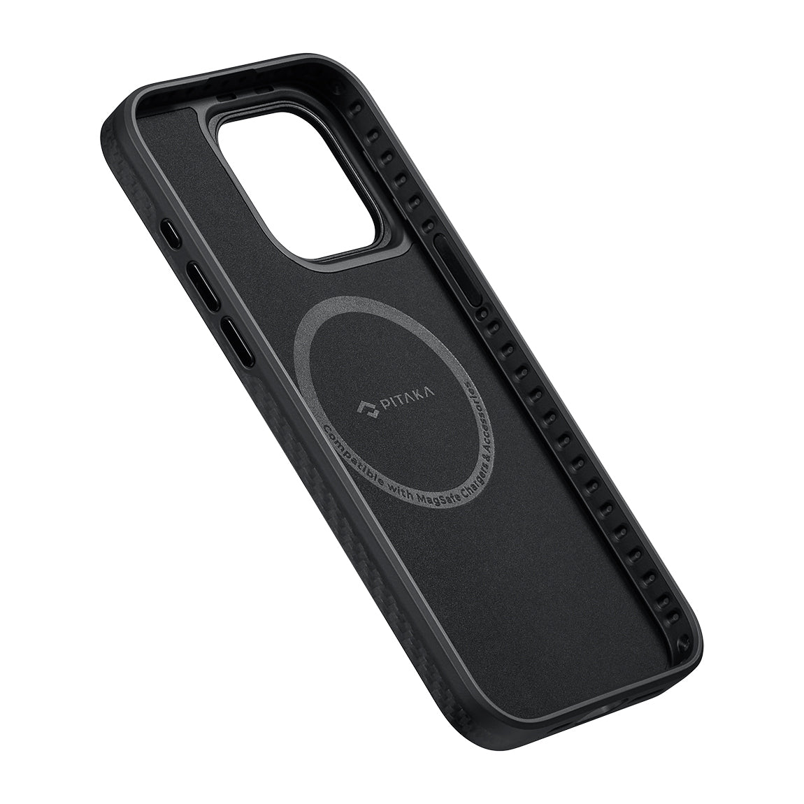 Apple iPhone 15 Pro Max Kılıf M-safe Şarj Özellikli 1500D Aramid Fiber Pitaka Military-Grade Classic Serisi Black-Grey Twill Kapak Siyah-Mavi