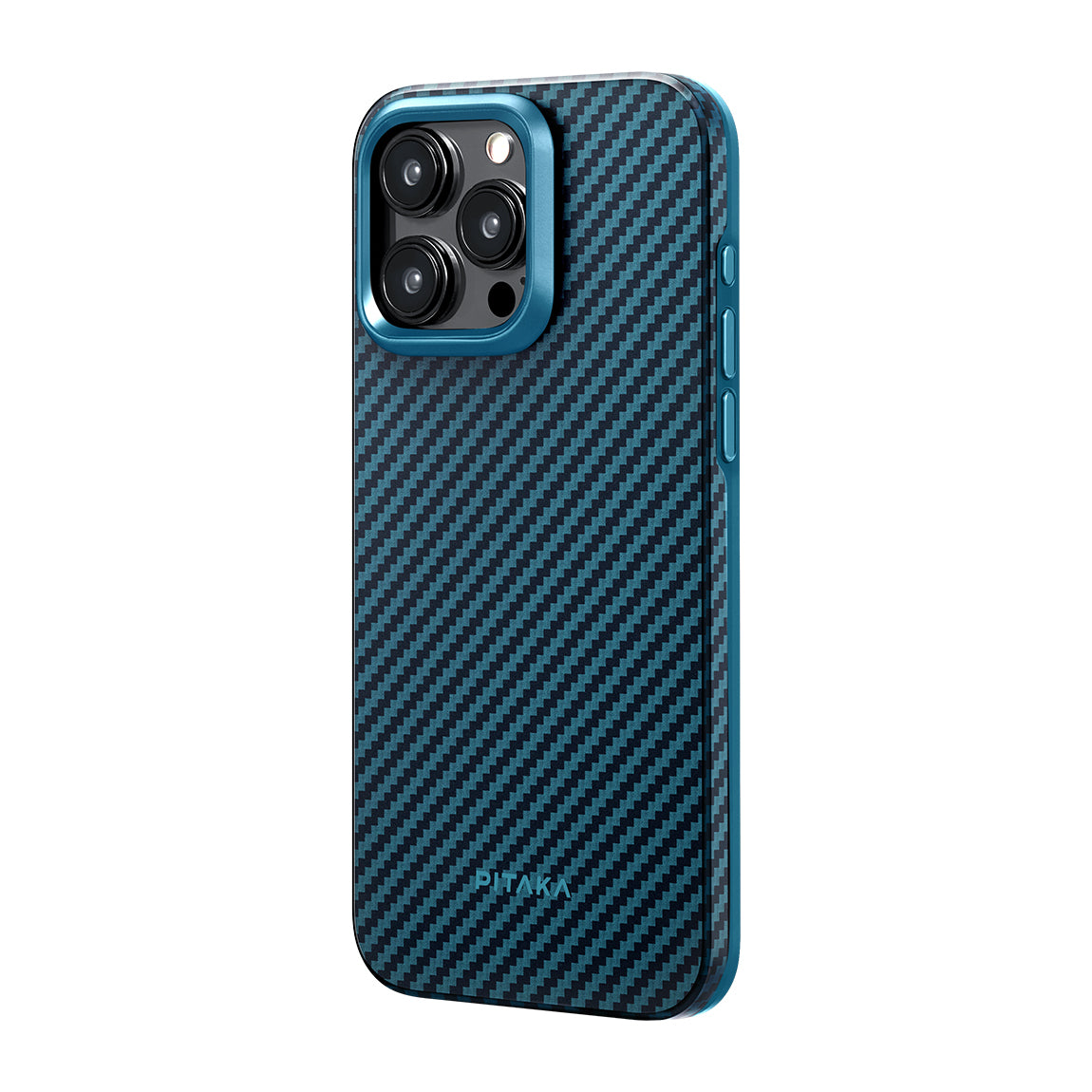 Apple iPhone 15 Pro Max Kılıf M-safe Şarj Özellikli 1500D Aramid Fiber Pitaka Military-Grade Classic Serisi Black-Grey Twill Kapak Siyah-Mavi