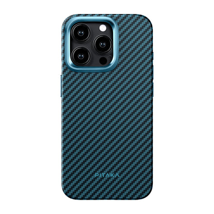 Apple iPhone 15 Pro Max Kılıf M-safe Şarj Özellikli 1500D Aramid Fiber Pitaka Military-Grade Classic Serisi Black-Grey Twill Kapak Siyah-Mavi