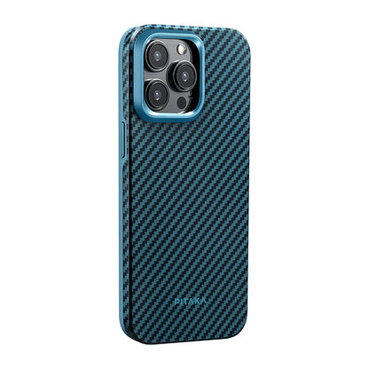 Apple iPhone 15 Pro Max Kılıf M-safe Şarj Özellikli 1500D Aramid Fiber Pitaka Military-Grade Classic Serisi Black-Grey Twill Kapak Siyah-Mavi