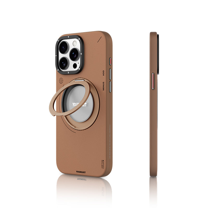 Apple iPhone 15 Pro Max Kılıf M-safe Şarj Özellikli 360° Standlı Basit Mat Deri Desenli Youngkit Tech Leather Serisi Kapak Kahverengi