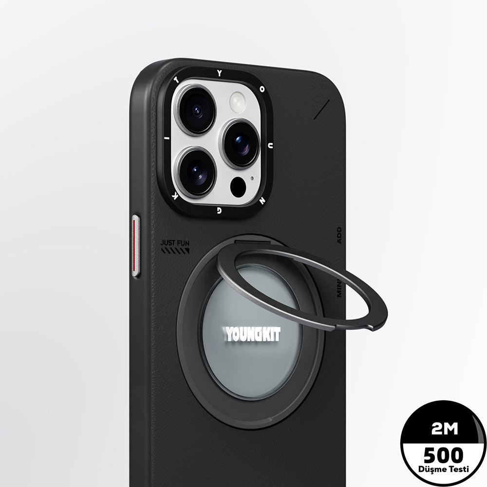 Apple iPhone 15 Pro Max Kılıf M-safe Şarj Özellikli 360° Standlı Basit Mat Deri Desenli Youngkit Tech Leather Serisi Kapak Kahverengi