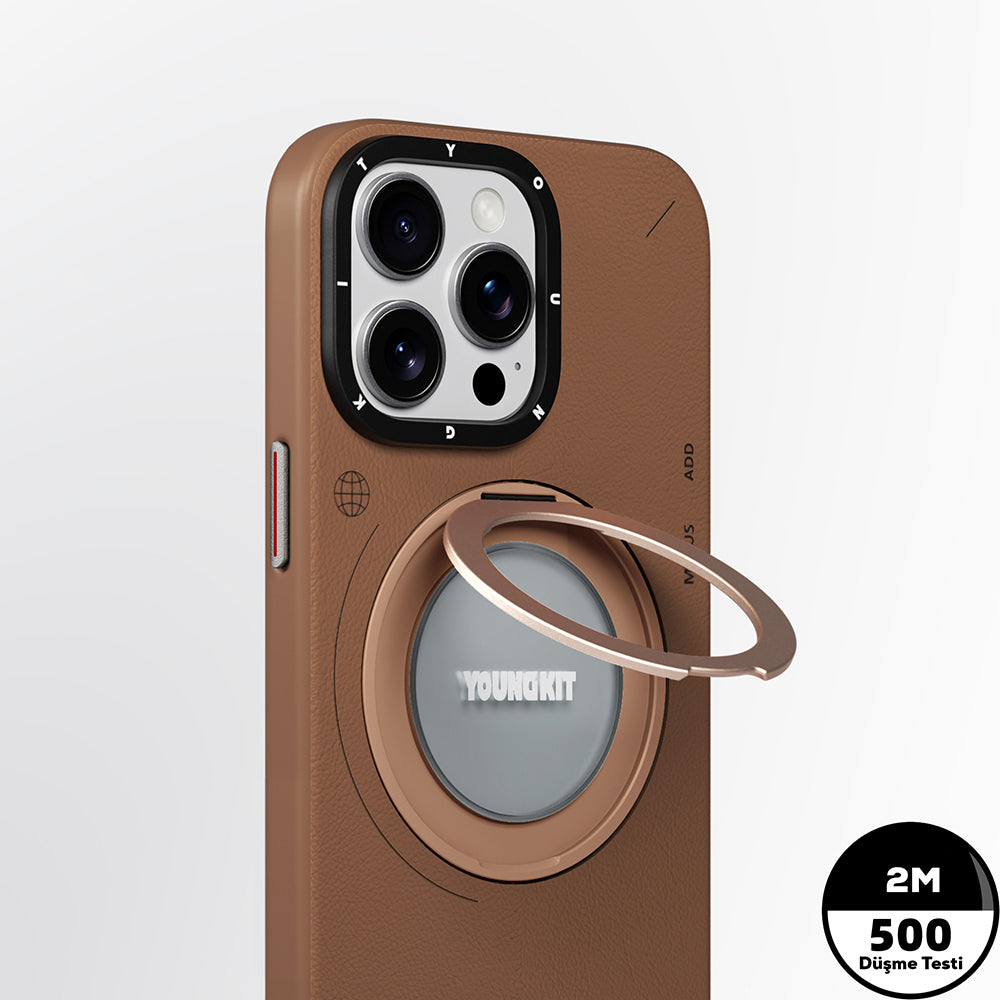 Apple iPhone 15 Pro Max Kılıf M-safe Şarj Özellikli 360° Standlı Basit Mat Deri Desenli Youngkit Tech Leather Serisi Kapak Kahverengi