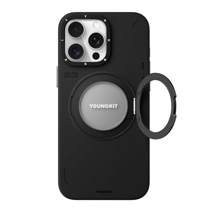 Apple iPhone 15 Pro Max Kılıf M-safe Şarj Özellikli 360° Standlı Basit Mat Deri Desenli Youngkit Tech Leather Serisi Kapak Gri