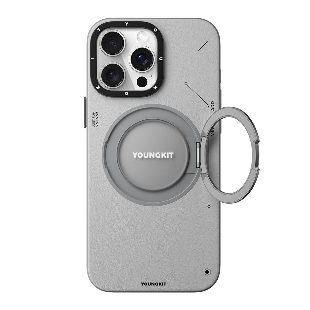 Apple iPhone 15 Pro Max Kılıf M-safe Şarj Özellikli 360° Standlı Basit Mat Deri Desenli Youngkit Tech Leather Serisi Kapak Gri