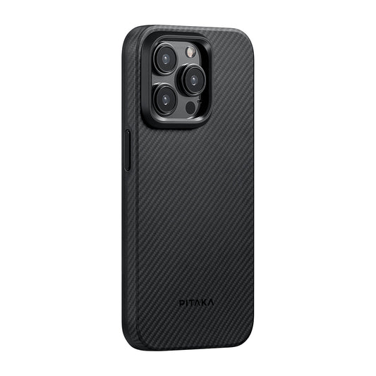 Apple iPhone 15 Pro Max Kılıf M-safe Şarj Özellikli 600D Aramid Fiber Pitaka Military-Grade Classic Serisi Black-Grey Twill Kapak Siyah-Gri