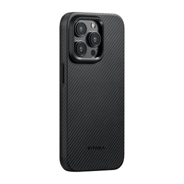 Apple iPhone 15 Pro Max Kılıf M-safe Şarj Özellikli 600D Aramid Fiber Pitaka Military-Grade Classic Serisi Black-Grey Twill Kapak Siyah-Gri