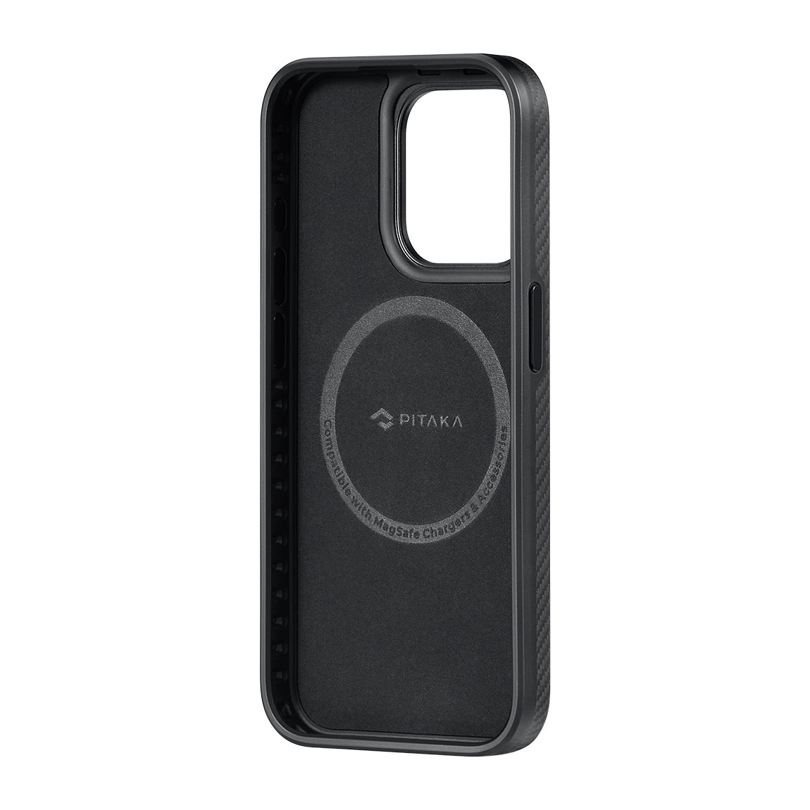Apple iPhone 15 Pro Max Kılıf M-safe Şarj Özellikli 600D Aramid Fiber Pitaka Military-Grade Classic Serisi Black-Grey Twill Kapak Siyah-Gri