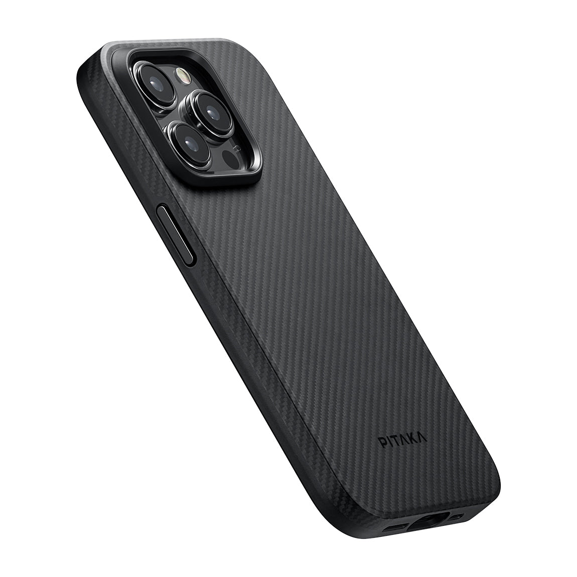 Apple iPhone 15 Pro Max Kılıf M-safe Şarj Özellikli 600D Aramid Fiber Pitaka Military-Grade Classic Serisi Black-Grey Twill Kapak Siyah-Gri