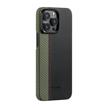 Apple iPhone 15 Pro Max Kılıf M-safe Şarj Özellikli 600D Aramid Fiber Pitaka Tactile Woven Orchestra Serisi Overture Kapak Siyah-Yeşil