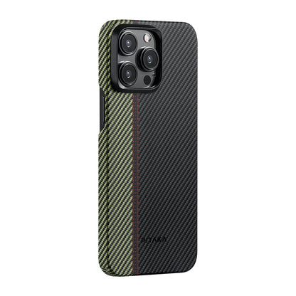 Apple iPhone 15 Pro Max Kılıf M-safe Şarj Özellikli 600D Aramid Fiber Pitaka Tactile Woven Orchestra Serisi Overture Kapak Siyah-Yeşil