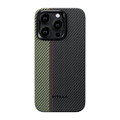 Apple iPhone 15 Pro Max Kılıf M-safe Şarj Özellikli 600D Aramid Fiber Pitaka Tactile Woven Orchestra Serisi Overture Kapak Siyah-Yeşil