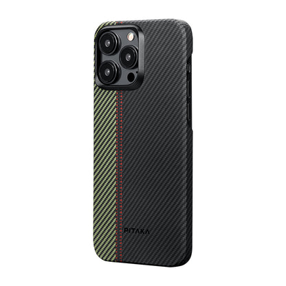 Apple iPhone 15 Pro Max Kılıf M-safe Şarj Özellikli 600D Aramid Fiber Pitaka Tactile Woven Orchestra Serisi Overture Kapak Siyah-Yeşil