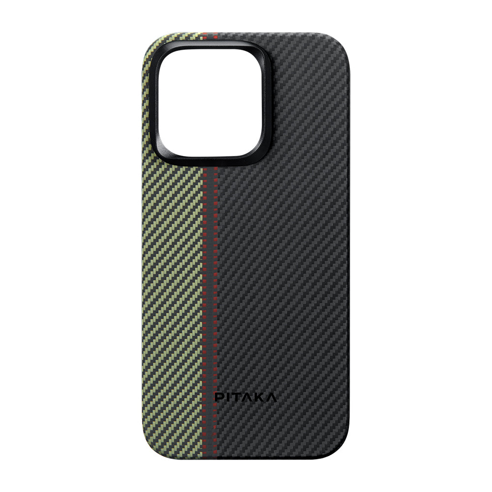 Apple iPhone 15 Pro Max Kılıf M-safe Şarj Özellikli 600D Aramid Fiber Pitaka Tactile Woven Orchestra Serisi Overture Kapak Siyah-Yeşil