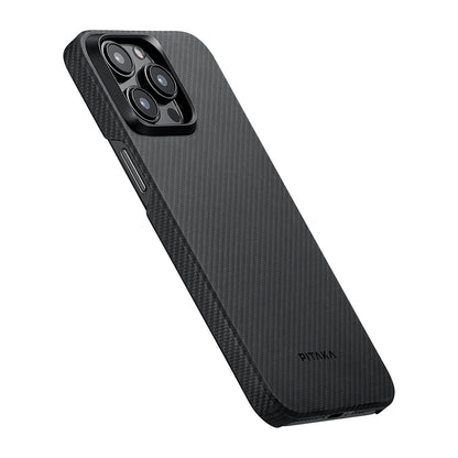 Apple iPhone 15 Pro Max Kılıf M-safe Şarj Özellikli 600D Aramid Fiber Pitaka Ultra-Slim Classic Serisi Black-Grey Twill Kapak Siyah-Gri